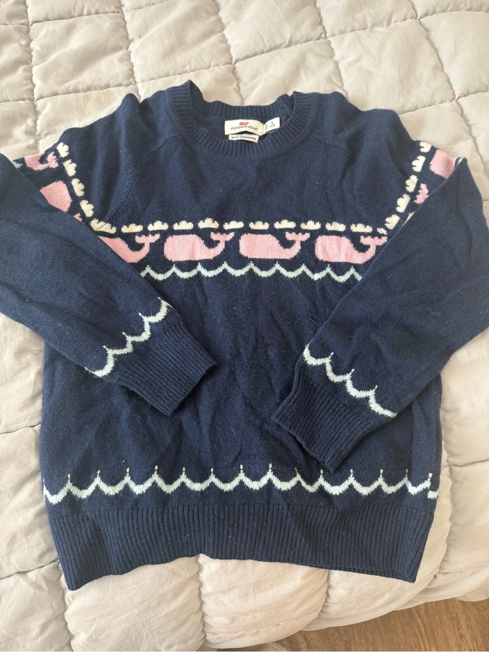 Vineyard Vines Navy Crewneck Sweater with Pink Whale Logo
